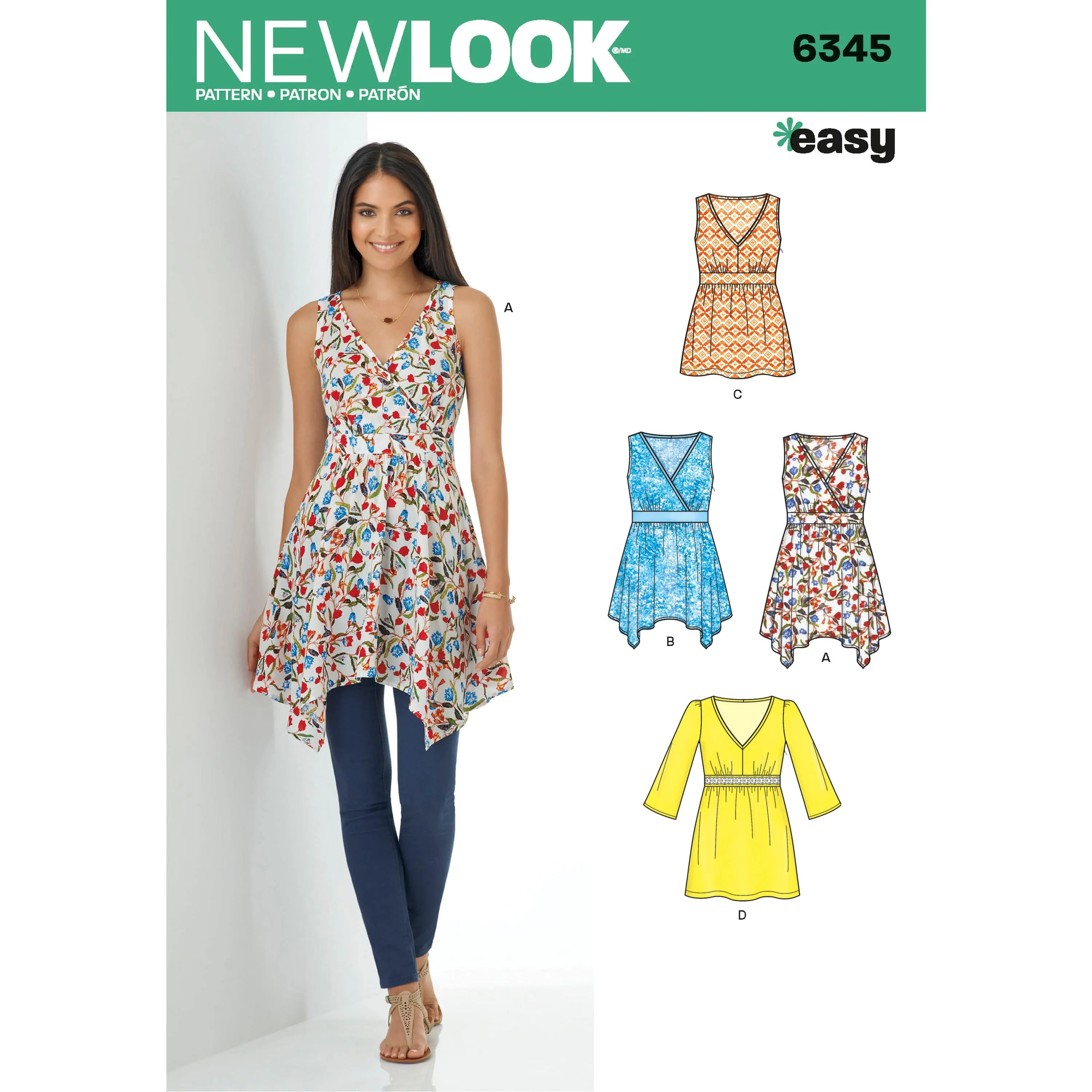 6345 Misses' V-Neck Tops with Length Variations