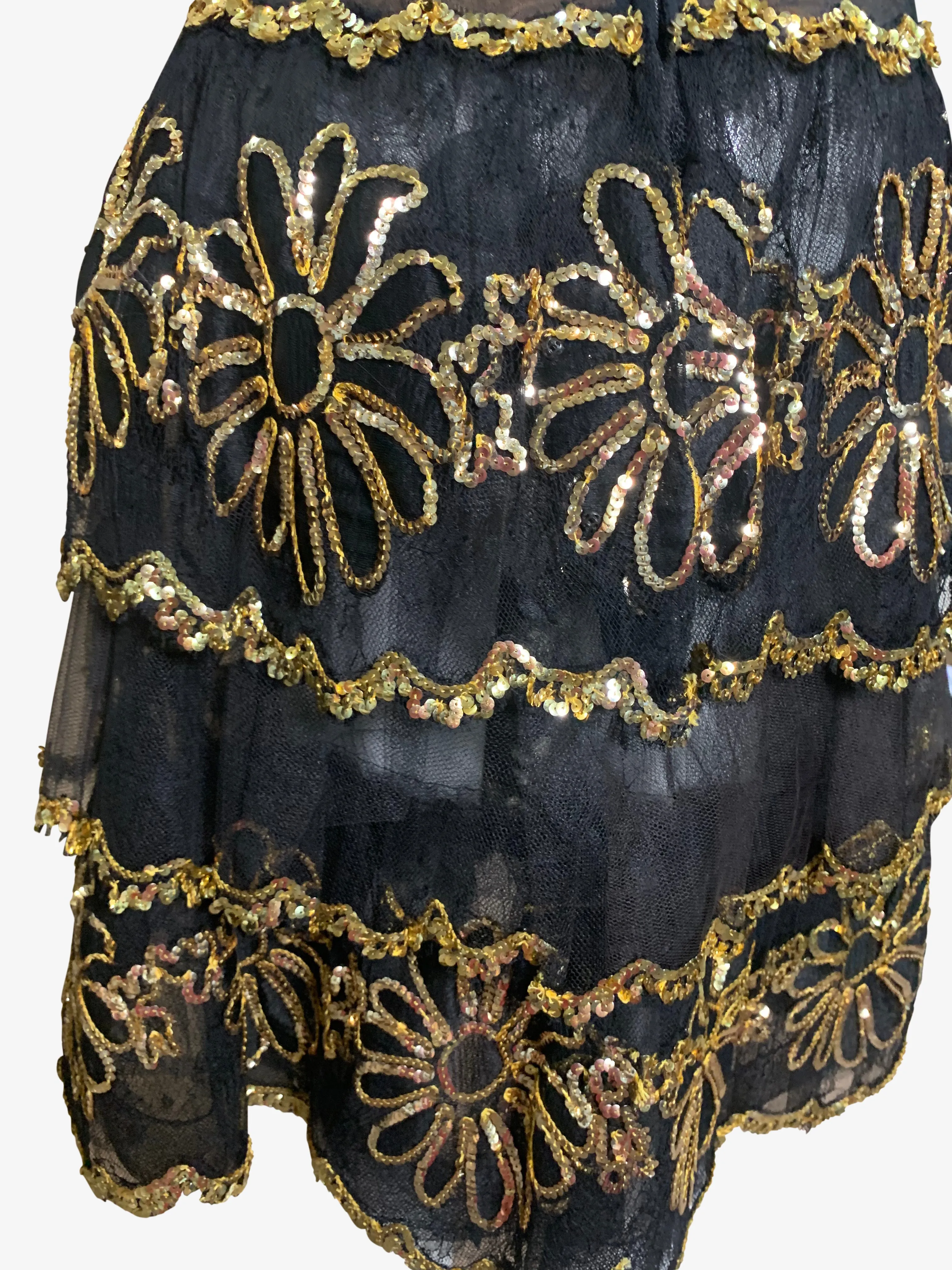 80s Black & Gold Sheer Strapless Embroidered Cocktail Dress