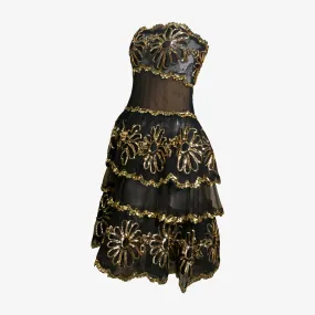 80s Black & Gold Sheer Strapless Embroidered Cocktail Dress