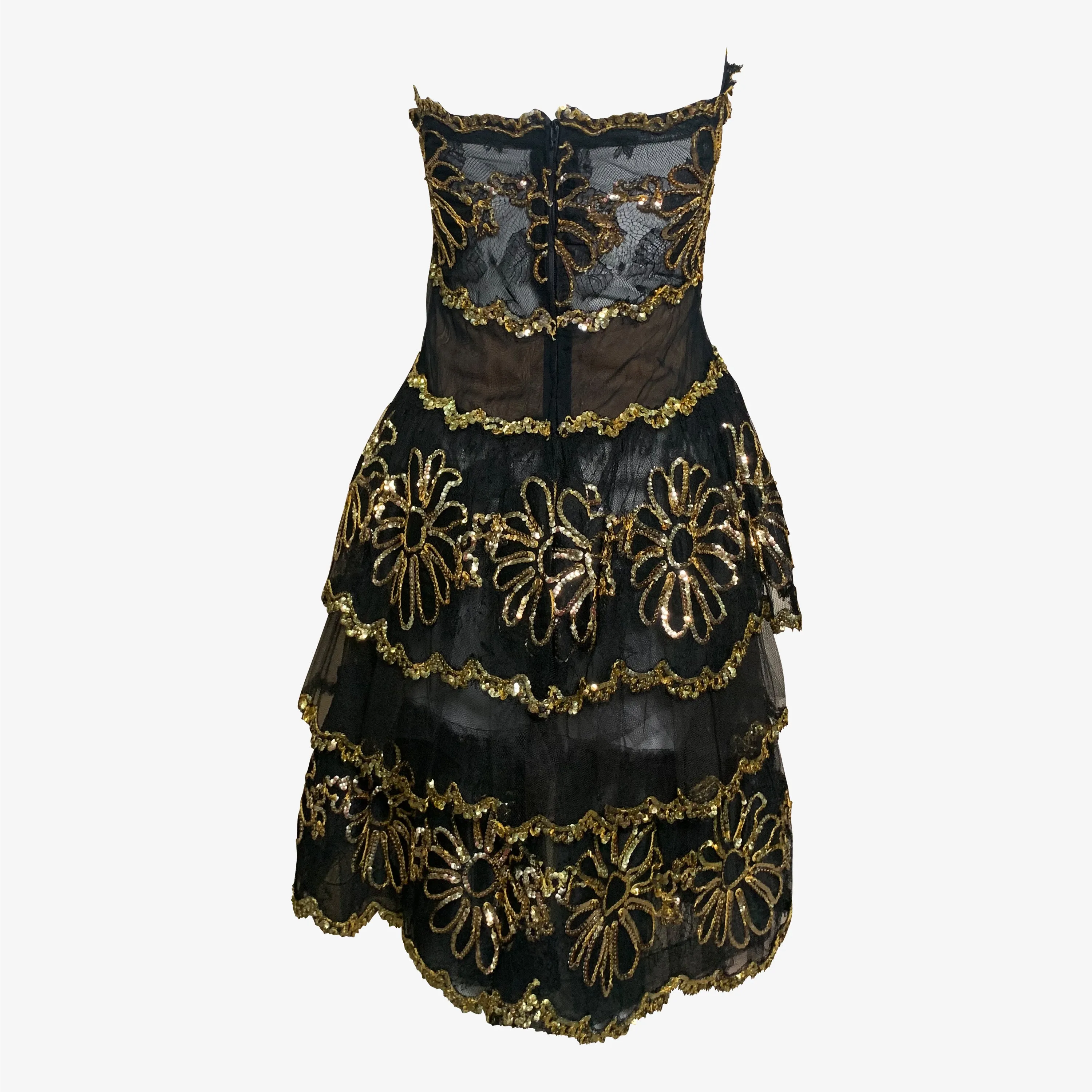 80s Black & Gold Sheer Strapless Embroidered Cocktail Dress