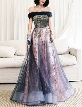 A-Line Prom Dresses Glittering Dress Wedding Guest Engagement Floor Length Sleeveless Off Shoulder Tulle with Pleats Sequin Appliques