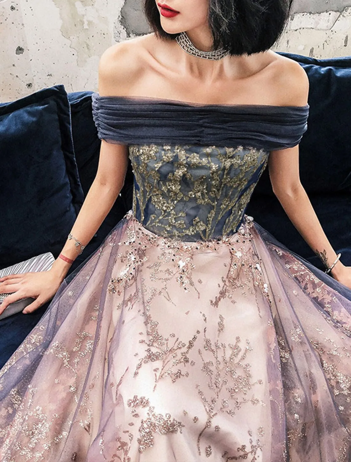 A-Line Prom Dresses Glittering Dress Wedding Guest Engagement Floor Length Sleeveless Off Shoulder Tulle with Pleats Sequin Appliques