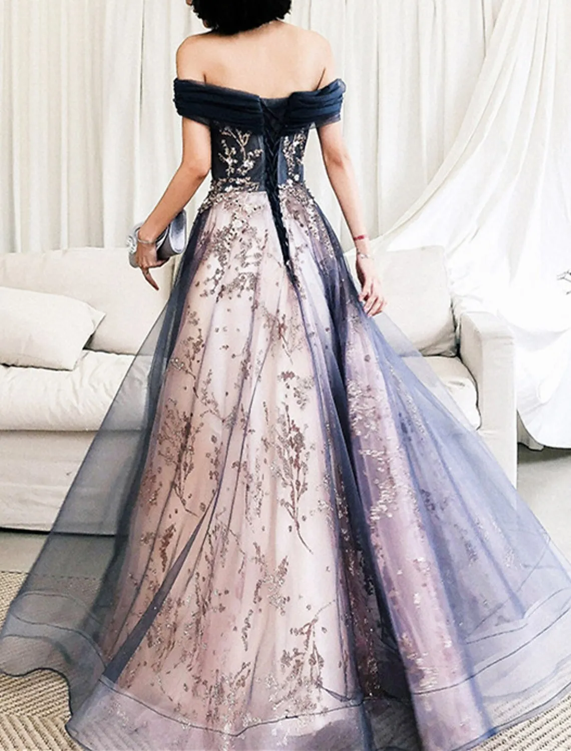 A-Line Prom Dresses Glittering Dress Wedding Guest Engagement Floor Length Sleeveless Off Shoulder Tulle with Pleats Sequin Appliques