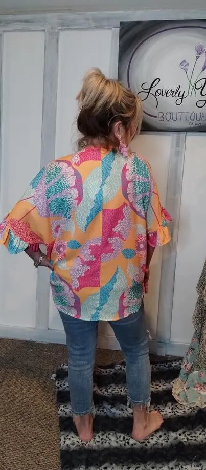 Beautiful Day Mixed Print High Low Ruffle Sleeve Top