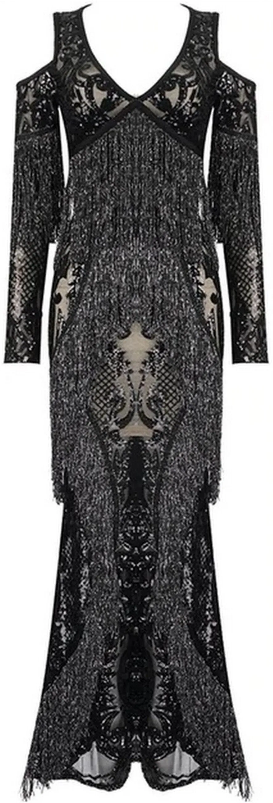 Black Cold-Shoulder Sequin-Embellished Fringed Gown