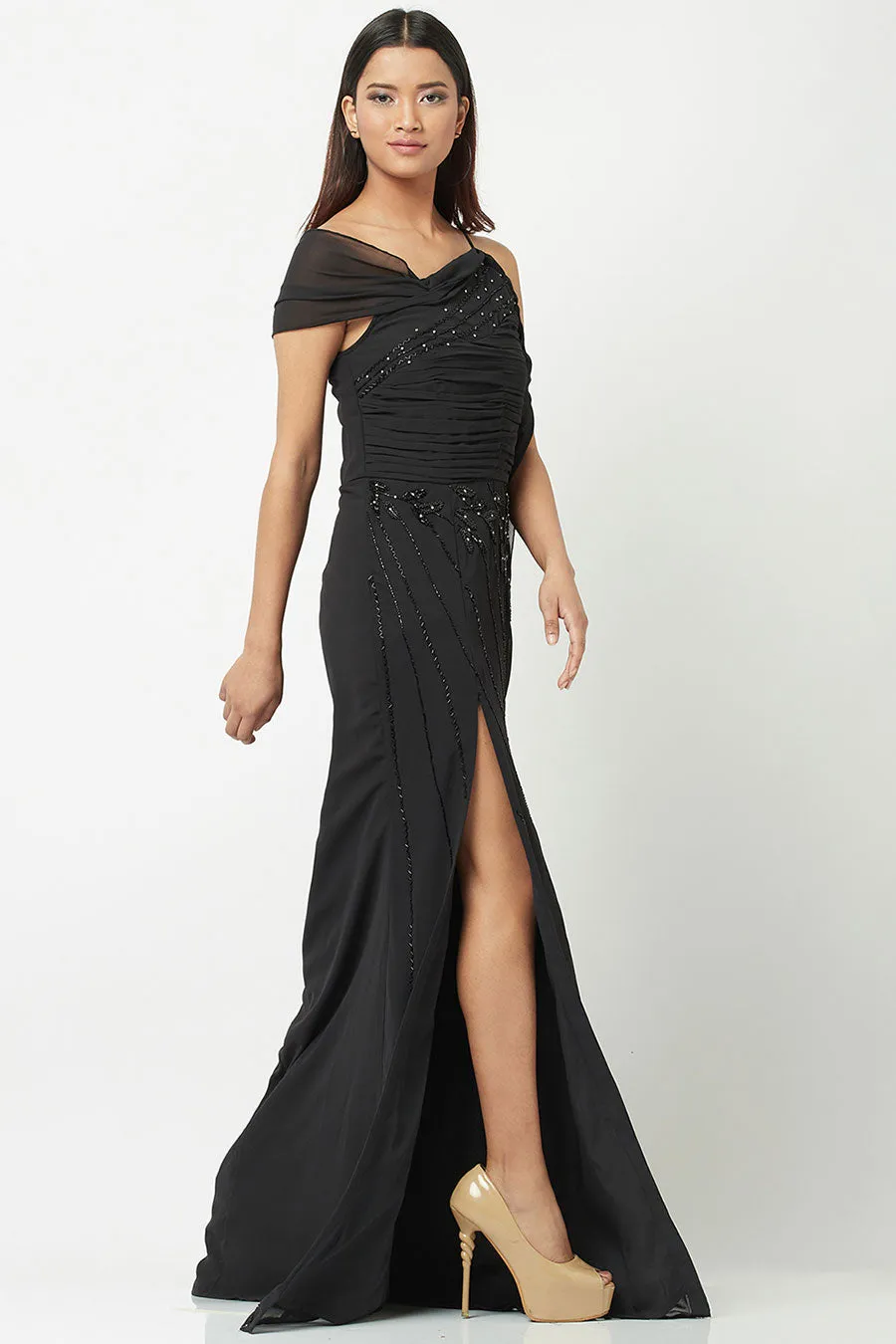 Black Embellished Slit Gown