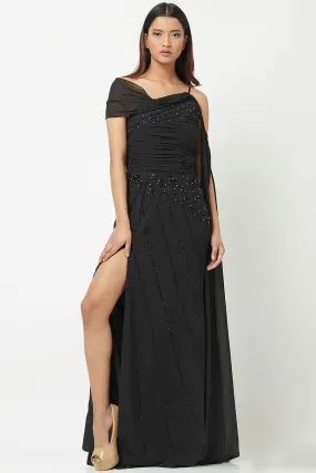 Black Embellished Slit Gown