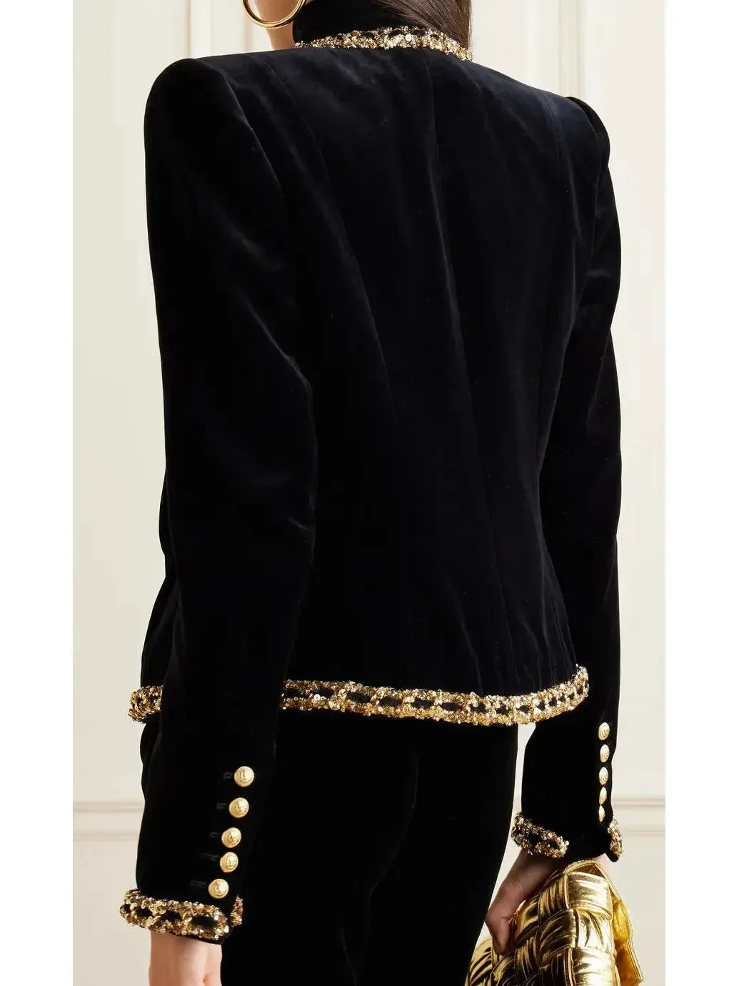 Black Velvet Jacket with Gold Sequin Embroidery