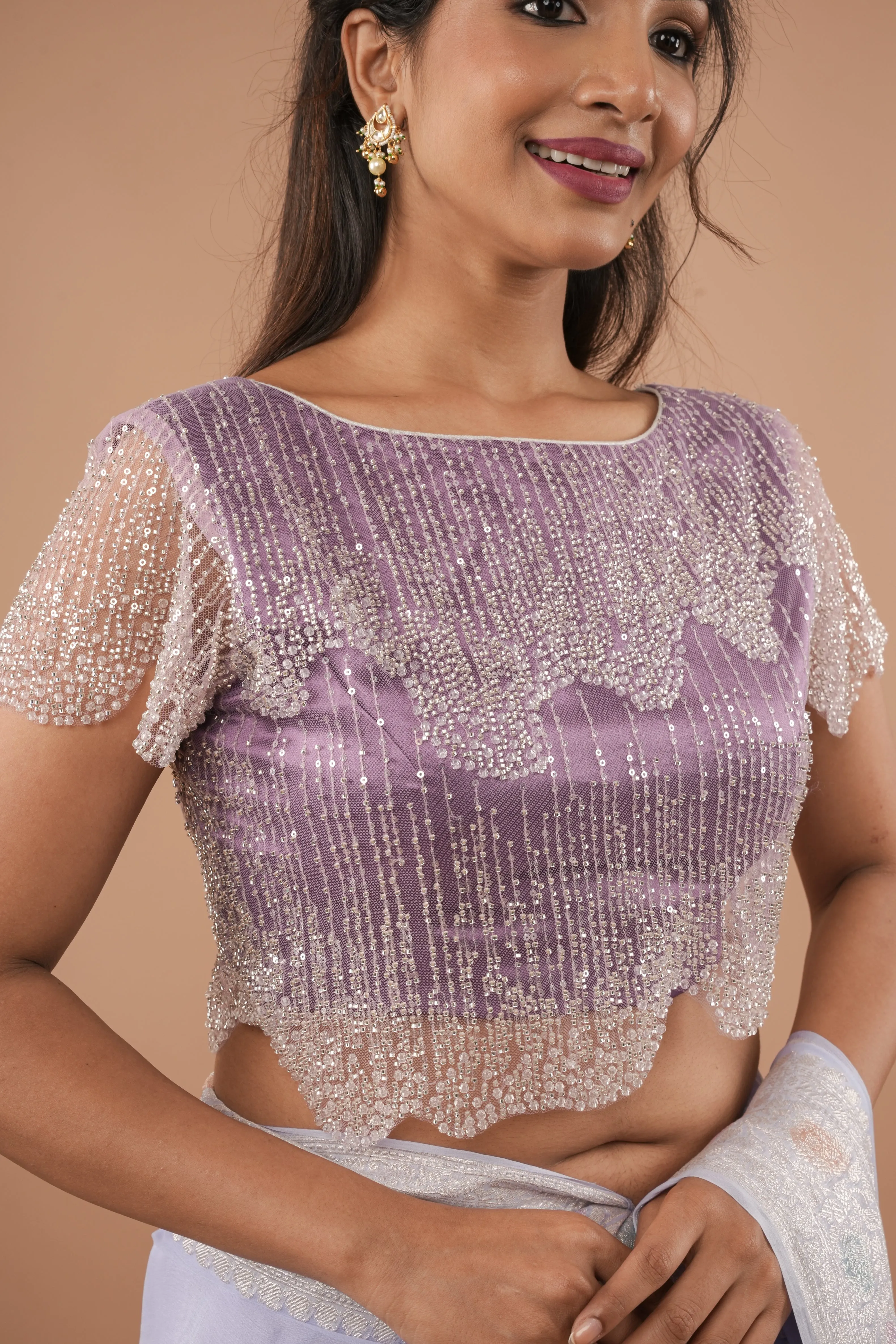 BLOUSE : Lilac layered cutdana scalloped blouse