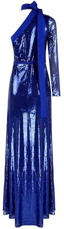 Blue-Sequined One-Sleeve Gown