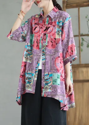 Boho Purple Print Low High Design Linen Long Shirts Summer LY7355