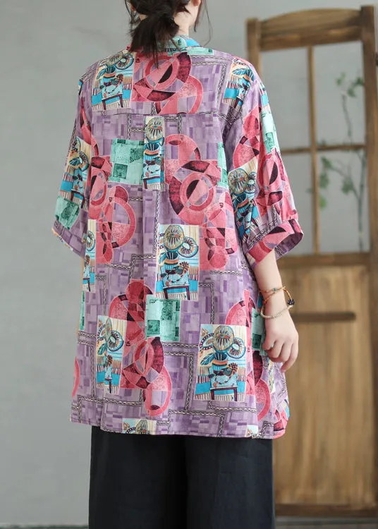 Boho Purple Print Low High Design Linen Long Shirts Summer LY7355