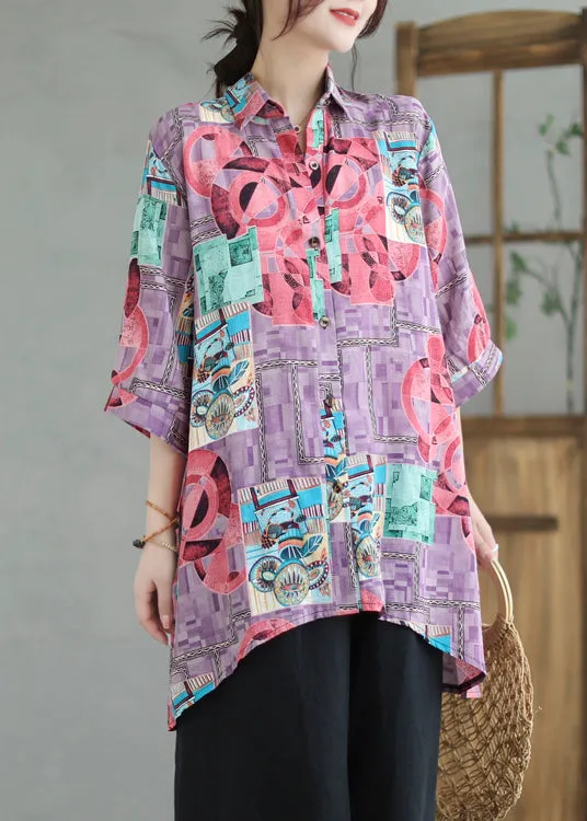 Boho Purple Print Low High Design Linen Long Shirts Summer LY7355