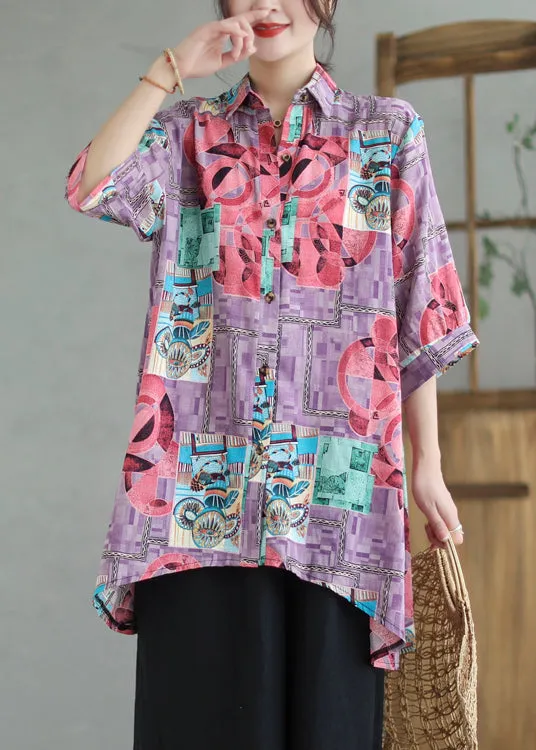 Boho Purple Print Low High Design Linen Long Shirts Summer LY7355