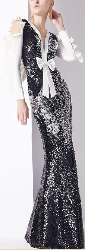 Bow-Embellished Sequined Ruffle-Sleeve Gown