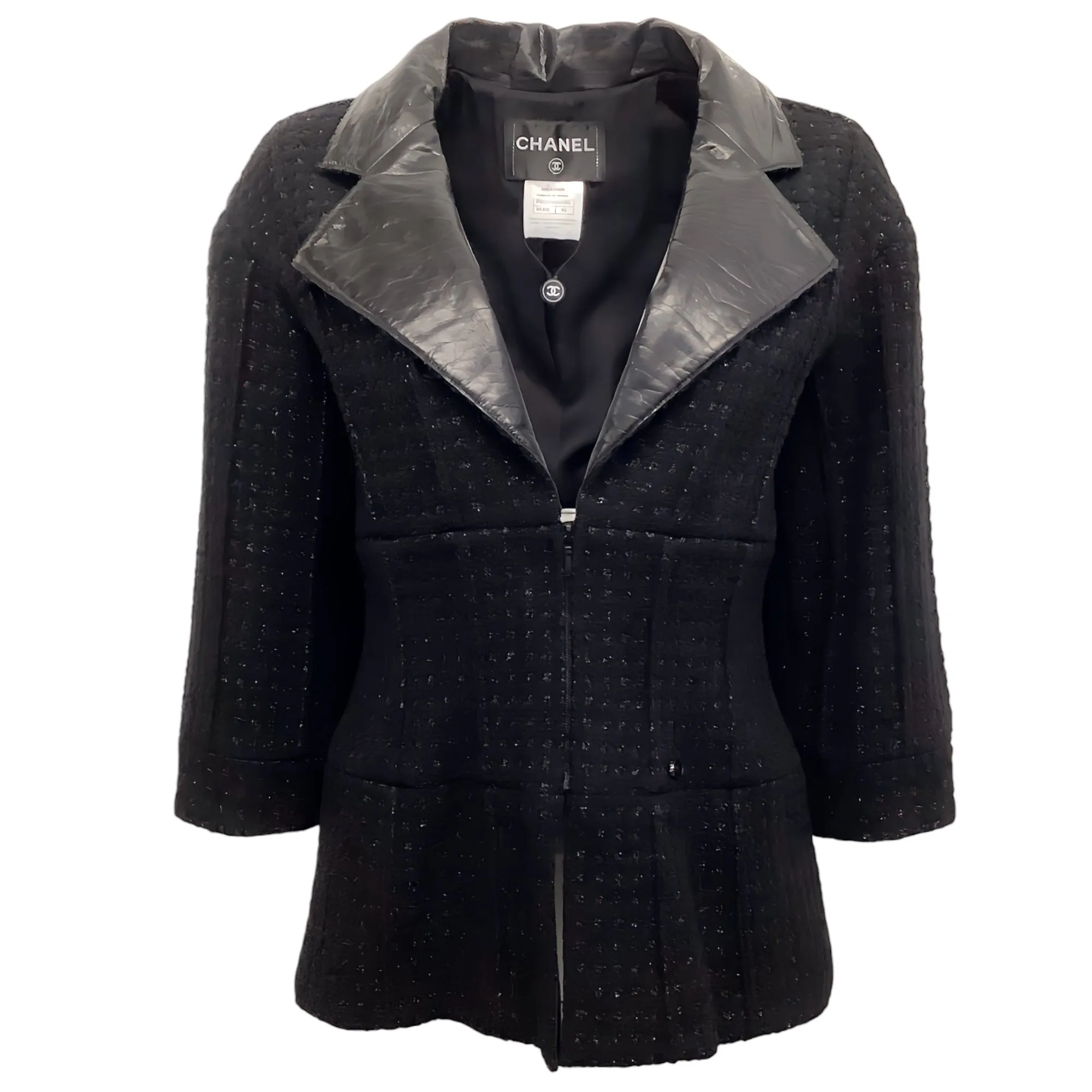 Chanel Black Boucle Jacket with Leather Collar