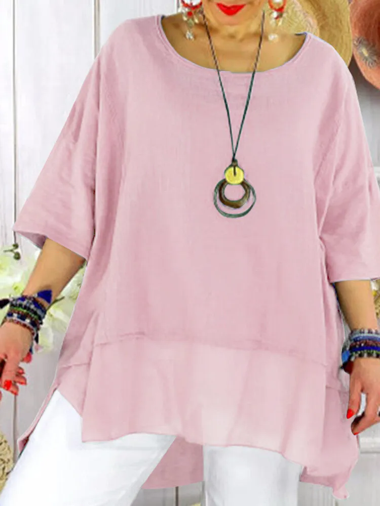 Cotton Solid Patchwork High-Low Hem Split Casual Blouse