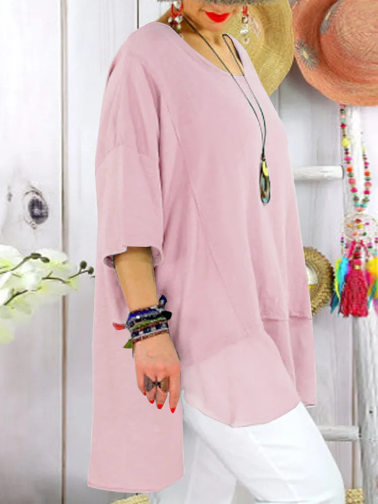 Cotton Solid Patchwork High-Low Hem Split Casual Blouse