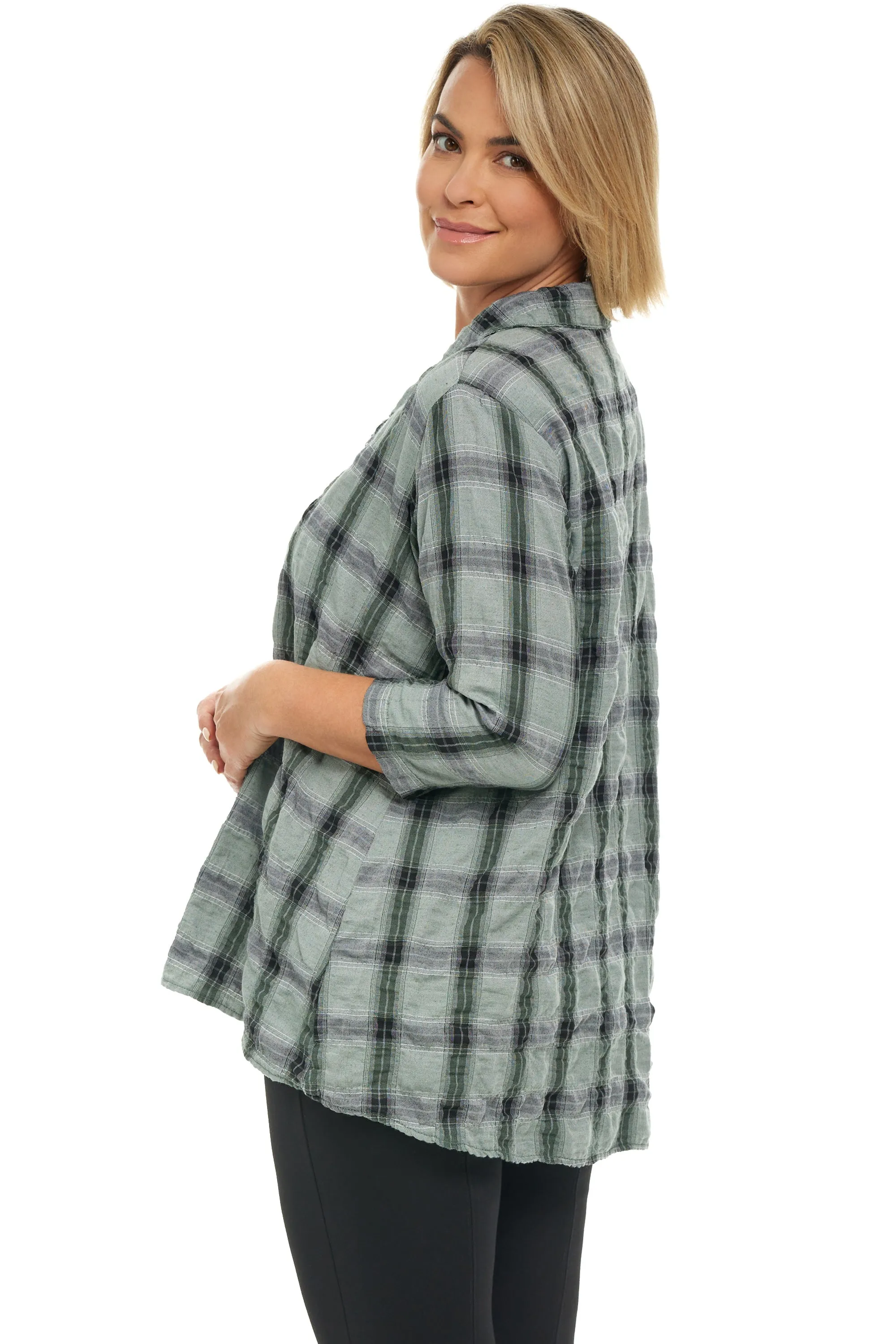 Crinkle Plaid High Low Shirt