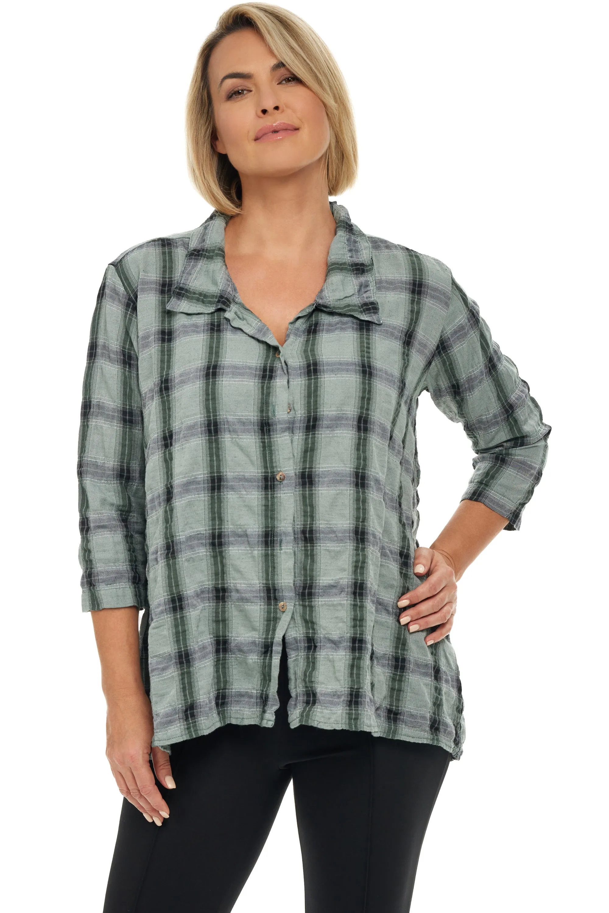 Crinkle Plaid High Low Shirt