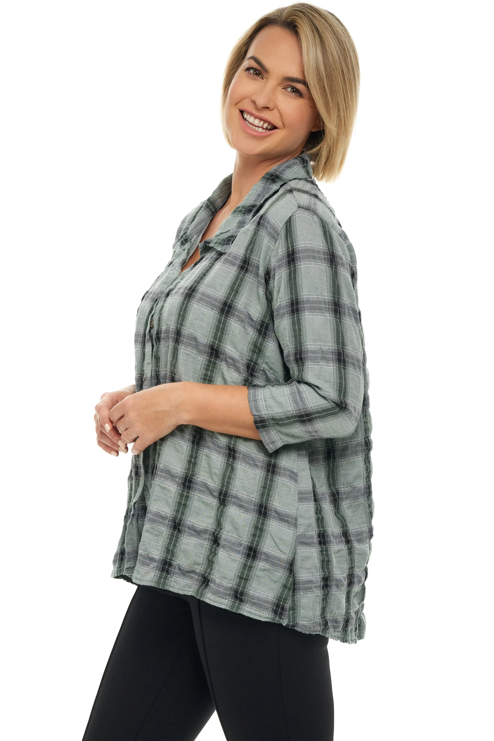 Crinkle Plaid High Low Shirt