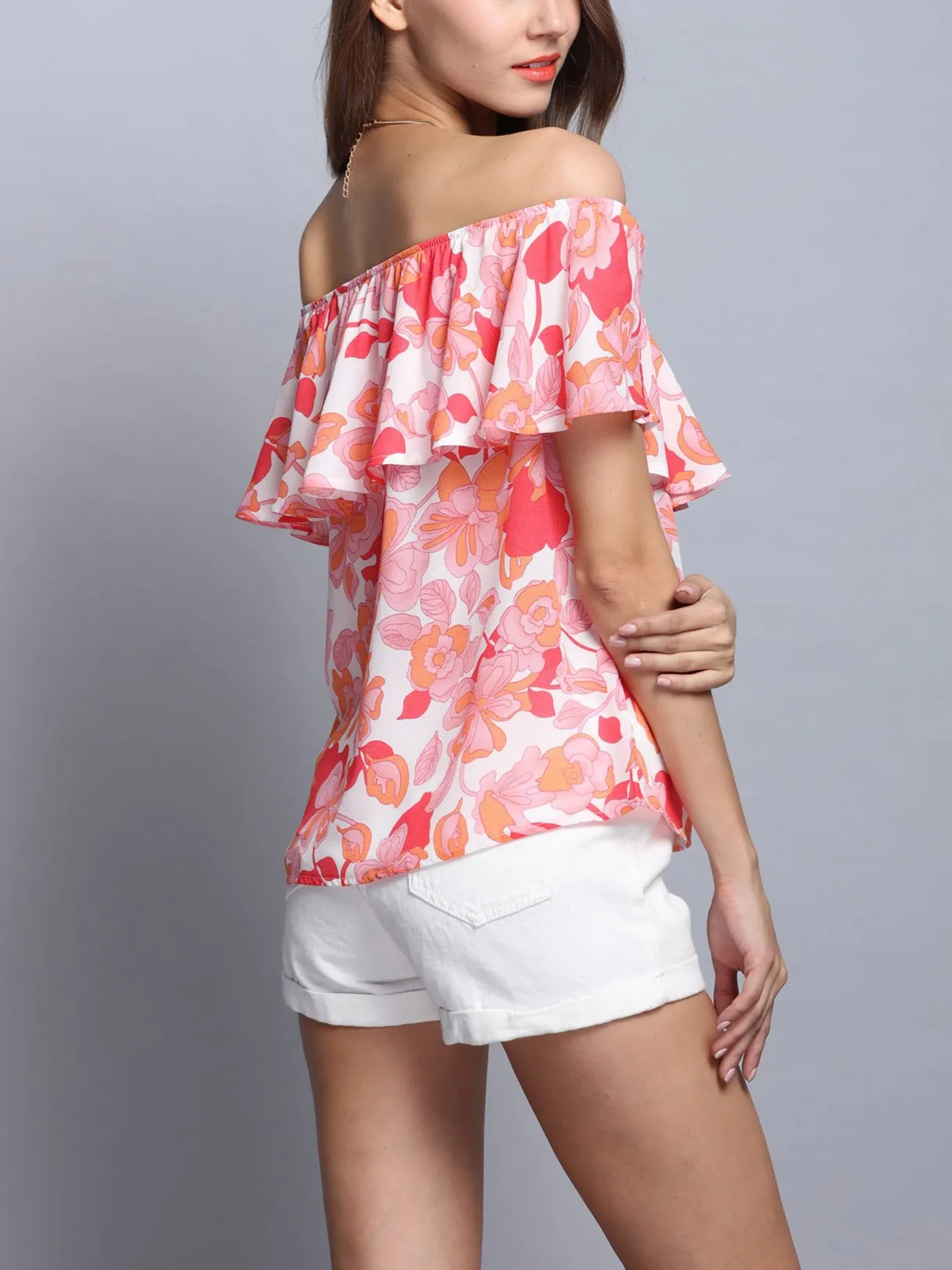 Custom Random Floral Print Off The Shoulder Top with Layered Details