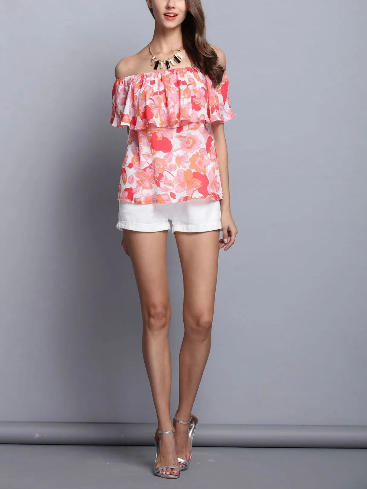 Custom Random Floral Print Off The Shoulder Top with Layered Details