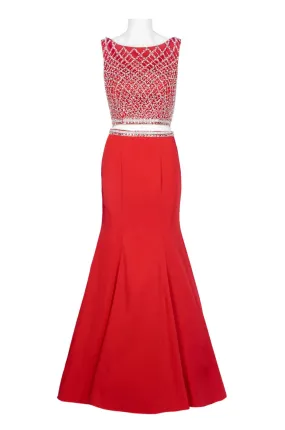 Dave & Johnny Boat Neck Sleeveless Zipper Back Embellished Waist and Bodice Mermaid Mesh Irredescent Rayon Dress