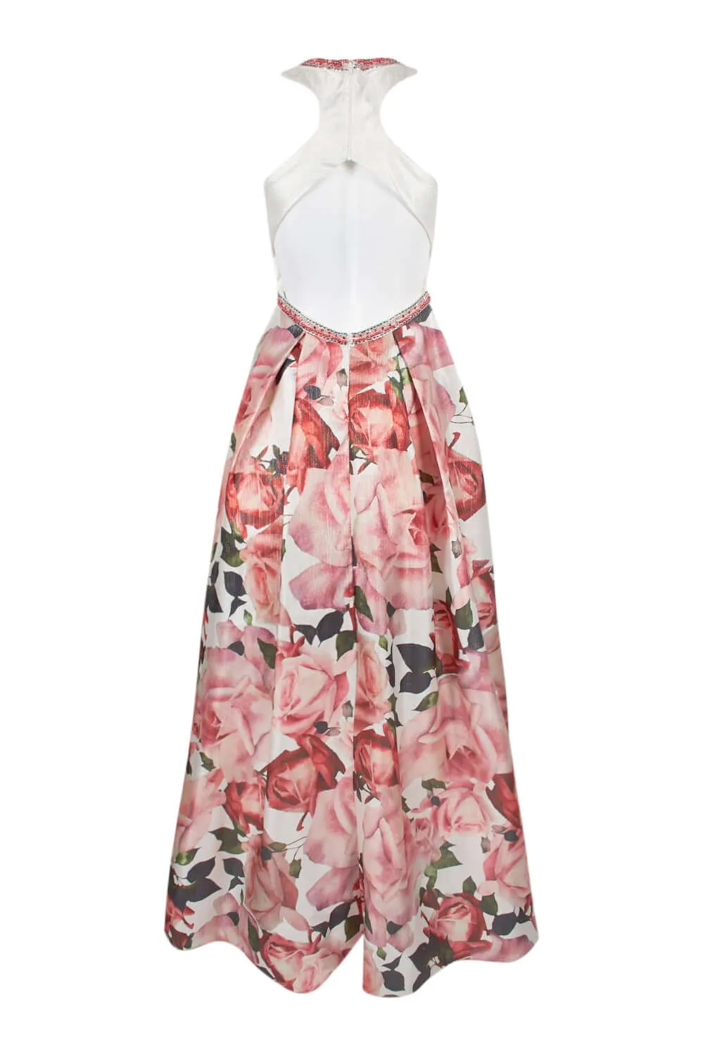 Dave & Johnny Embellished Neck Ruched Sleeveless Cutout Back Pleated Floral Print Twill Dress