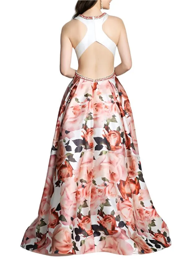 Dave & Johnny Embellished Neck Ruched Sleeveless Cutout Back Pleated Floral Print Twill Dress