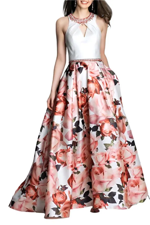 Dave & Johnny Embellished Neck Ruched Sleeveless Cutout Back Pleated Floral Print Twill Dress