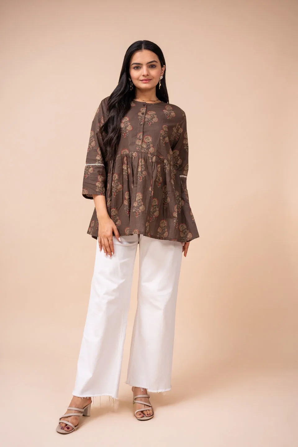 Ekisha's women brown floral printed cotton tunic top short kurti