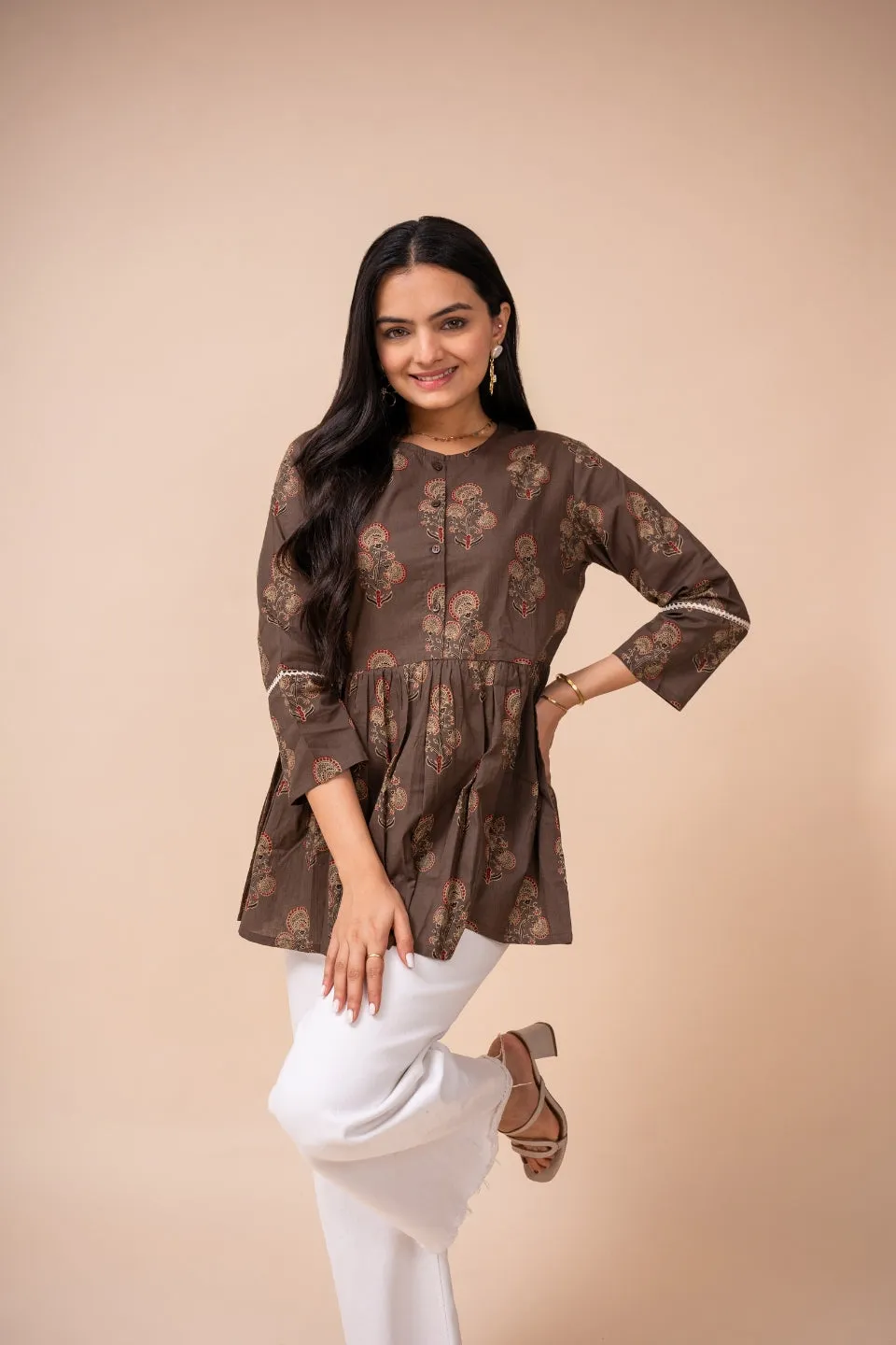 Ekisha's women brown floral printed cotton tunic top short kurti