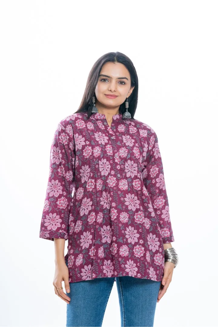 Ekisha's women pleated maroon multicolor printed cotton tunic top short kurti