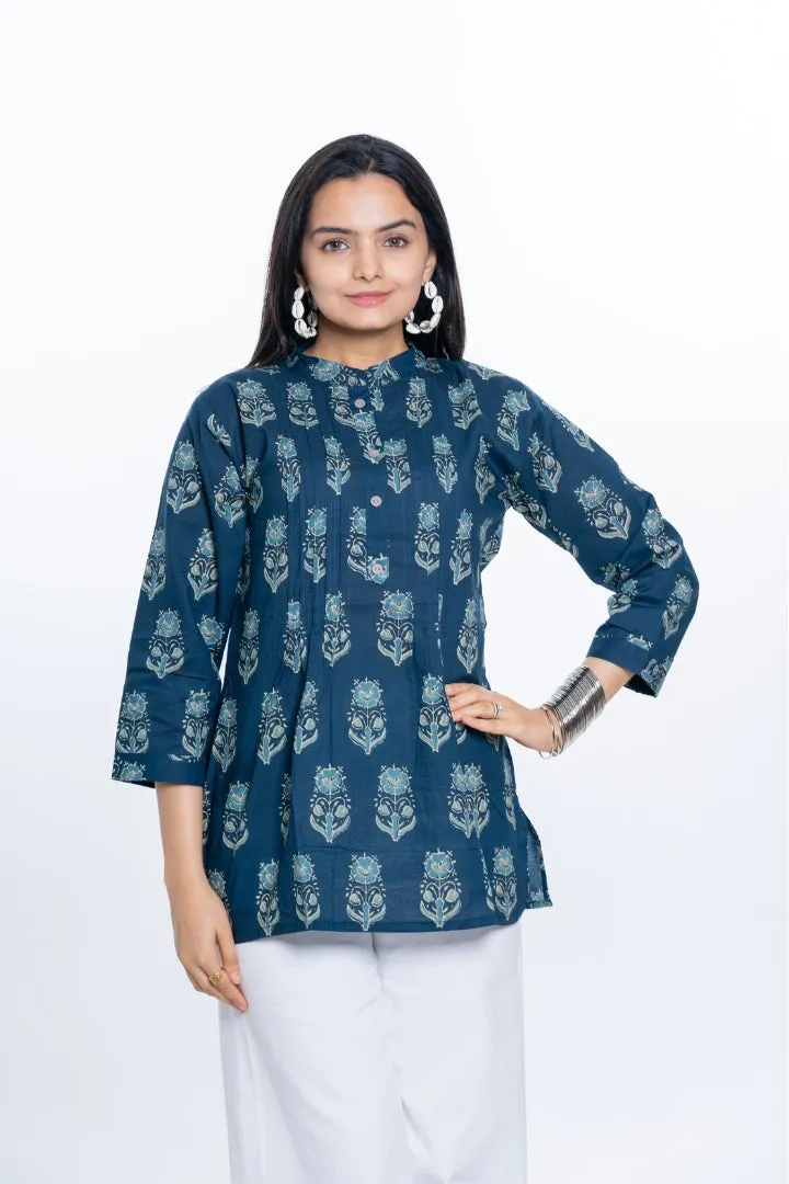 Ekisha's women pleated navy multicolor printed cotton tunic top short kurti