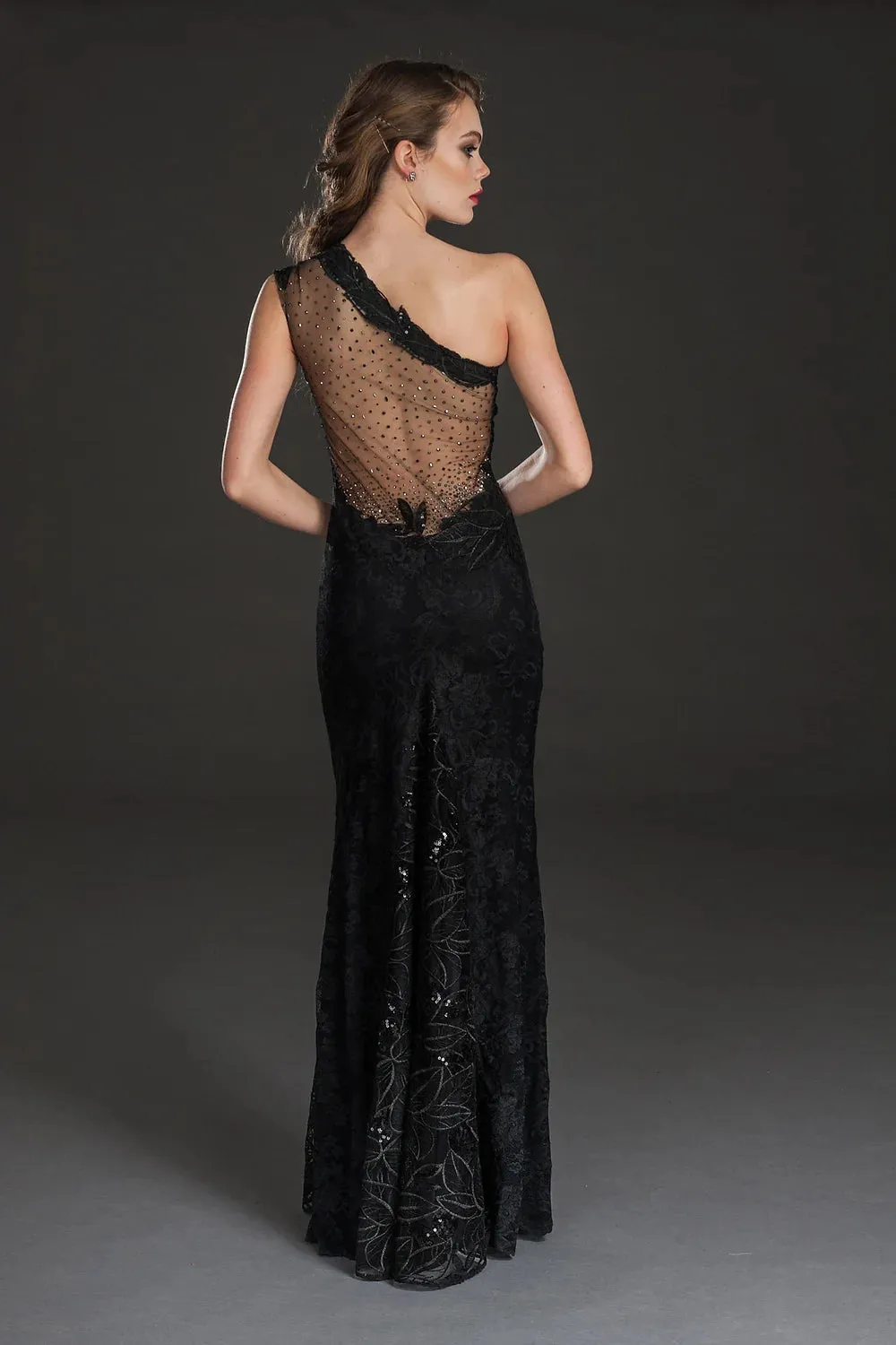 Embellished One Shoulder Gown - Black