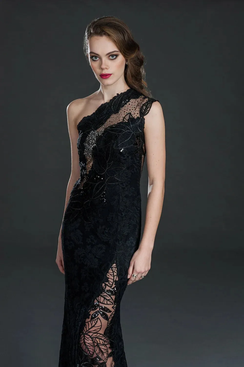 Embellished One Shoulder Gown - Black