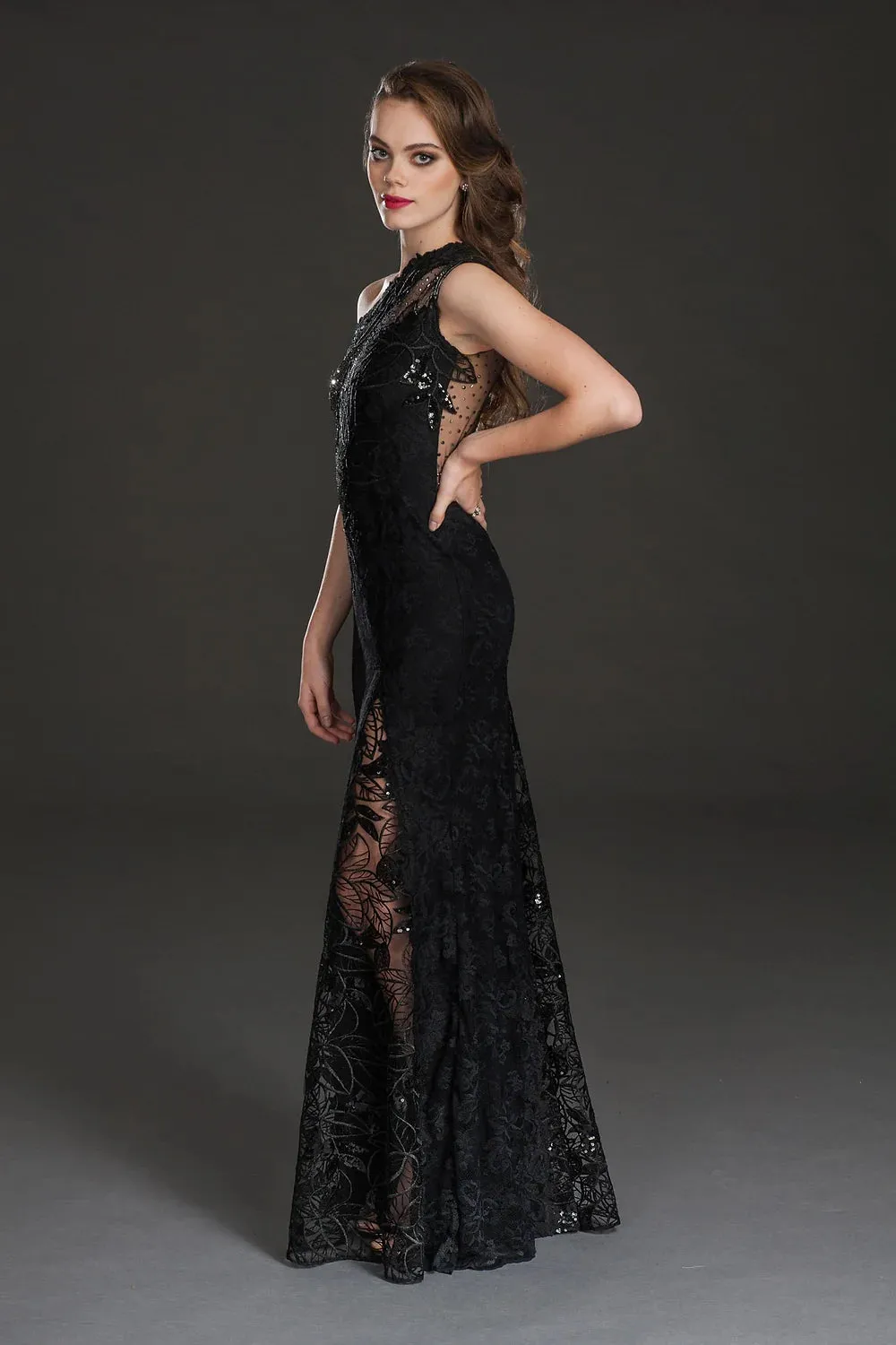 Embellished One Shoulder Gown - Black