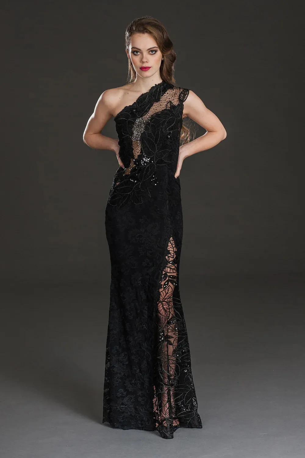 Embellished One Shoulder Gown - Black