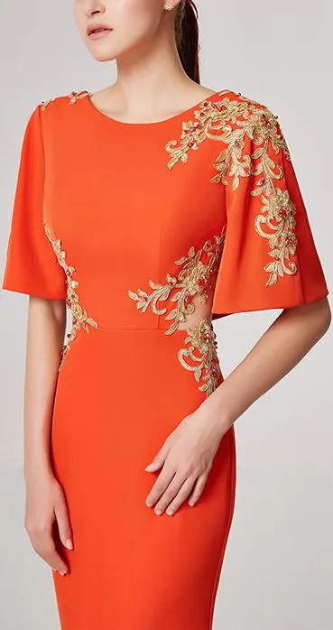 Embroidered Rhinestone Embellished Cut-Out Gown, Orange