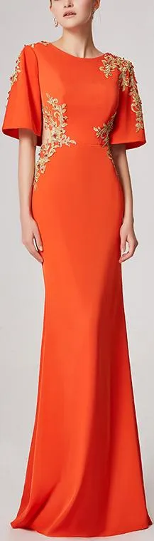 Embroidered Rhinestone Embellished Cut-Out Gown, Orange