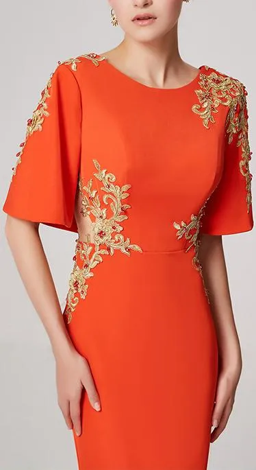 Embroidered Rhinestone Embellished Cut-Out Gown, Orange