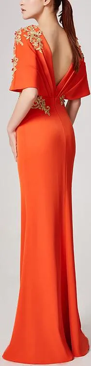 Embroidered Rhinestone Embellished Cut-Out Gown, Orange