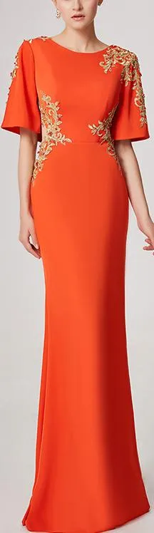 Embroidered Rhinestone Embellished Cut-Out Gown, Orange