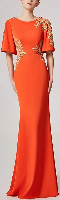 Embroidered Rhinestone Embellished Cut-Out Gown, Orange