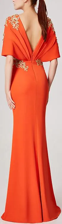 Embroidered Rhinestone Embellished Cut-Out Gown, Orange