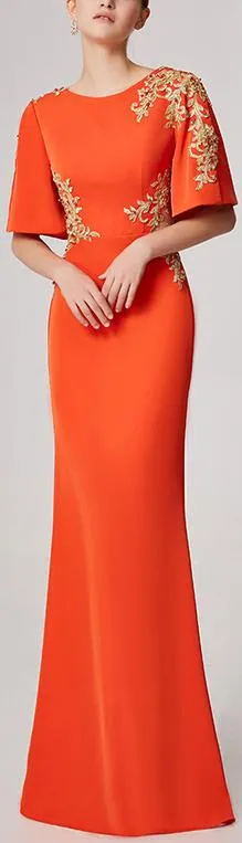 Embroidered Rhinestone Embellished Cut-Out Gown, Orange