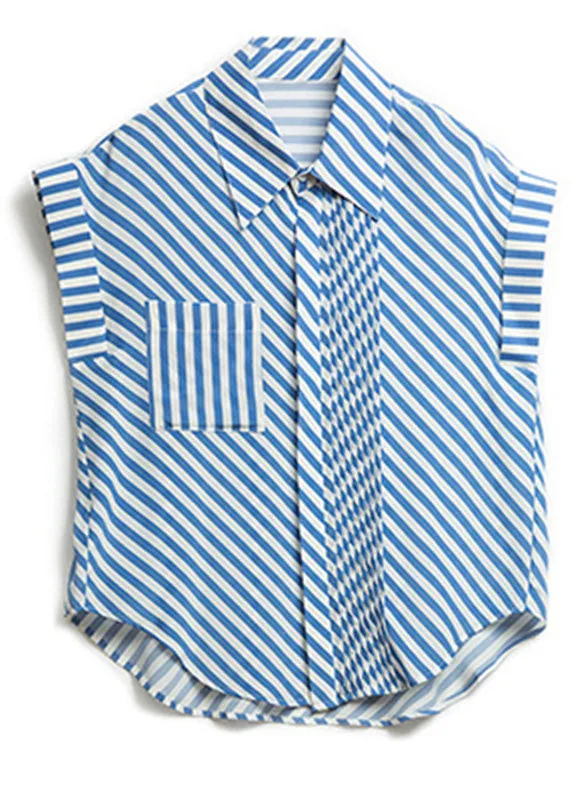 Fashion Blue Peter Pan Collar Striped Button Low High Design Silk Shirts Summer