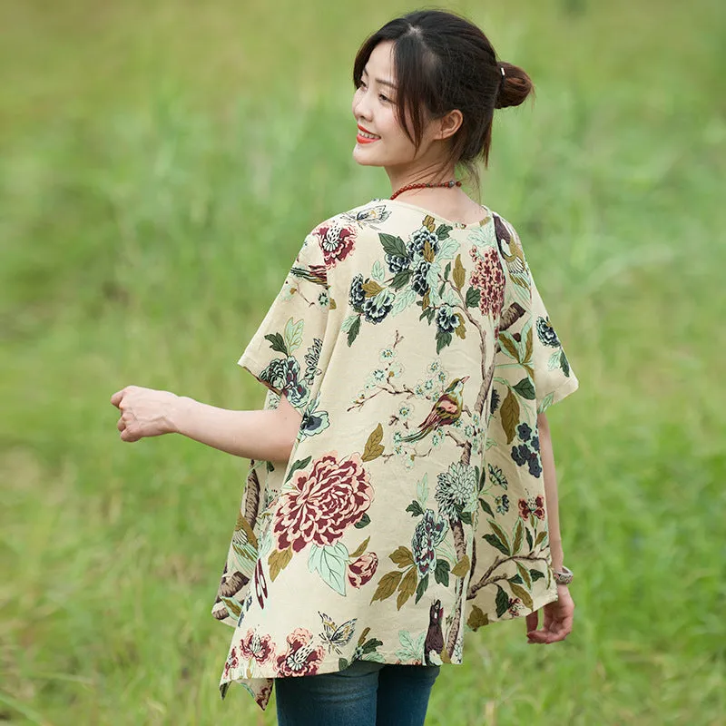 Floral Cotton-Linen Tunic Tops for Women