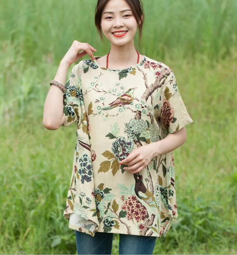 Floral Cotton-Linen Tunic Tops for Women